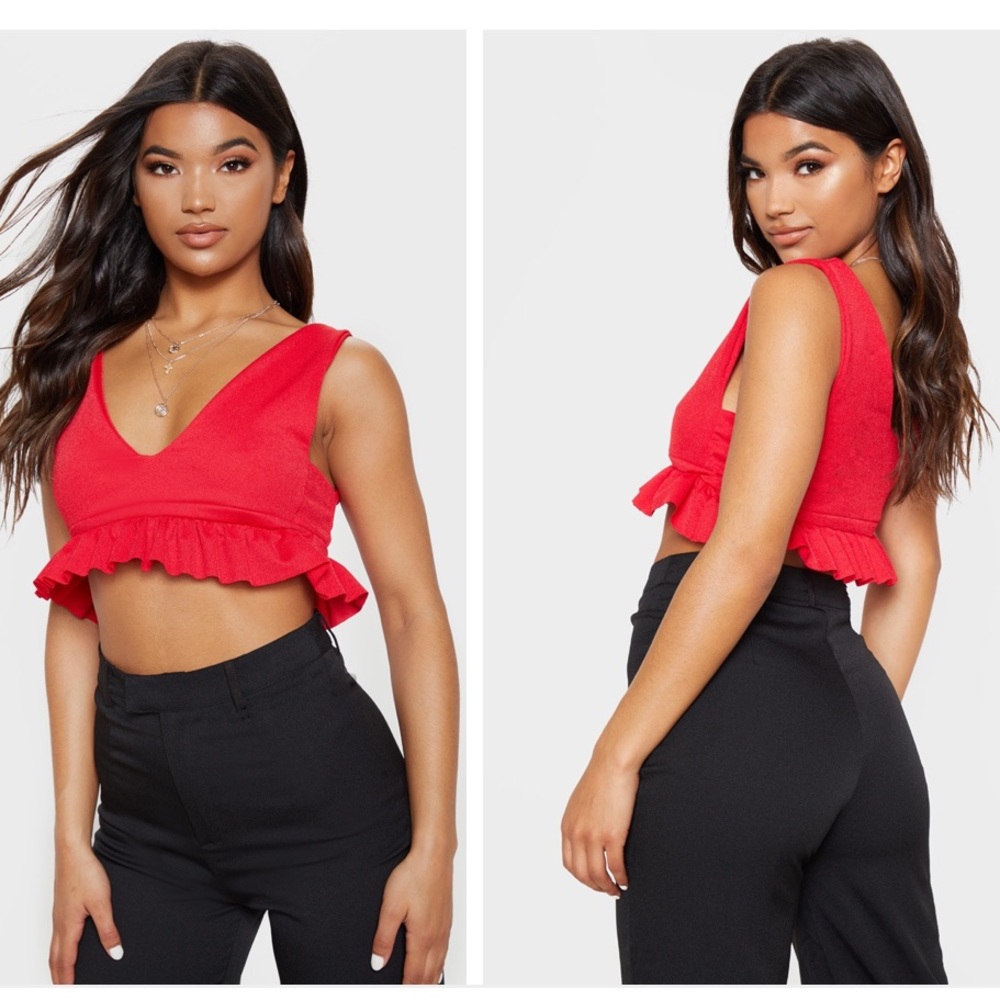 Red Frill Hem Plunge Crop Top